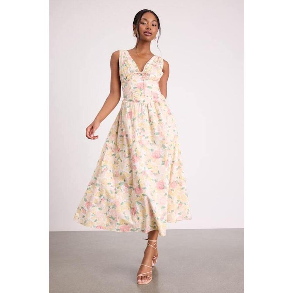 Lulus Lettie Ivory Multi Floral Poplin Plunge Neck Midi Dress White - Size M